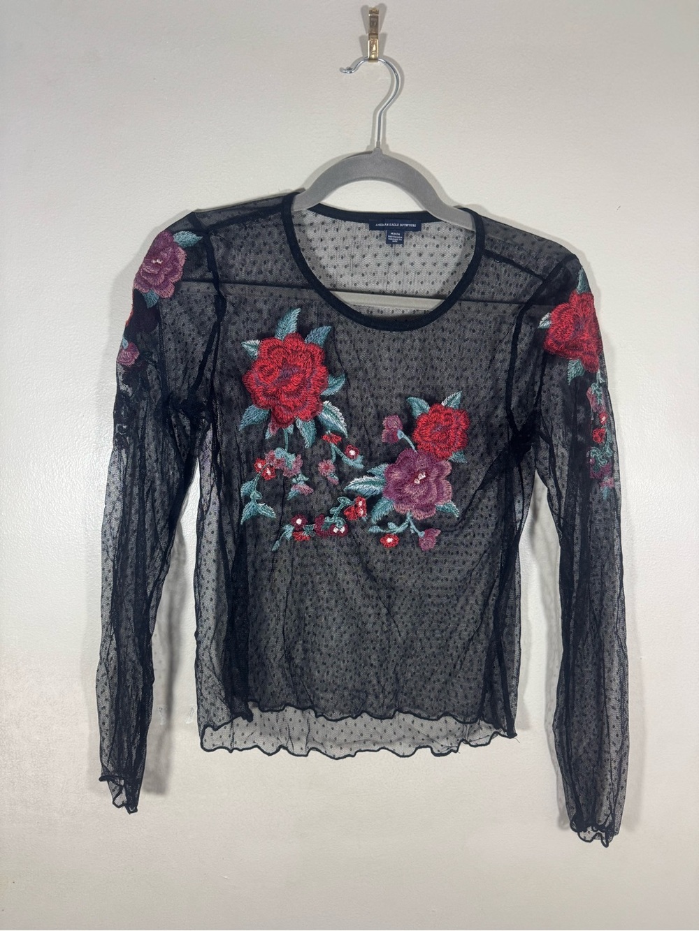 Sheer Black Floral Embroidered Long-Sleeve Top
